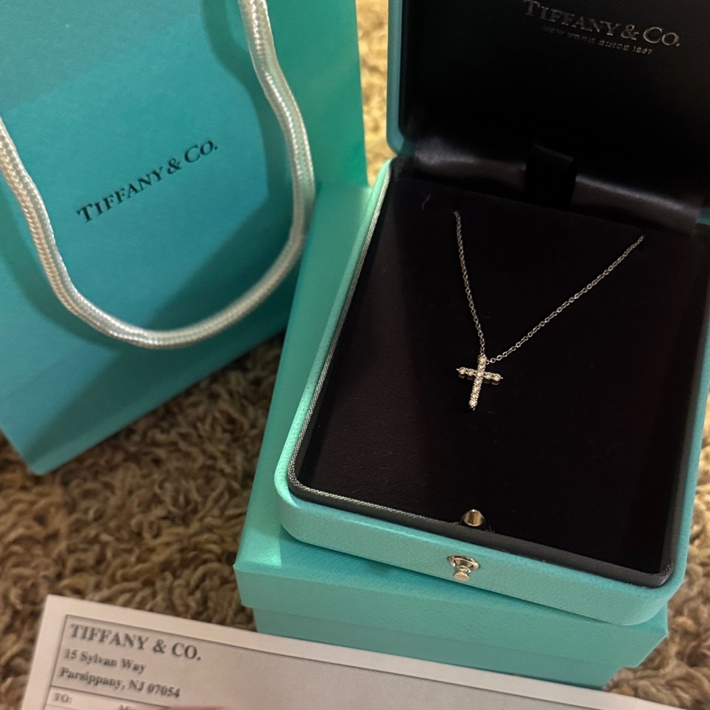 Tiffany & Co. Platinum Diamond Mini Cross Pendant Necklace
